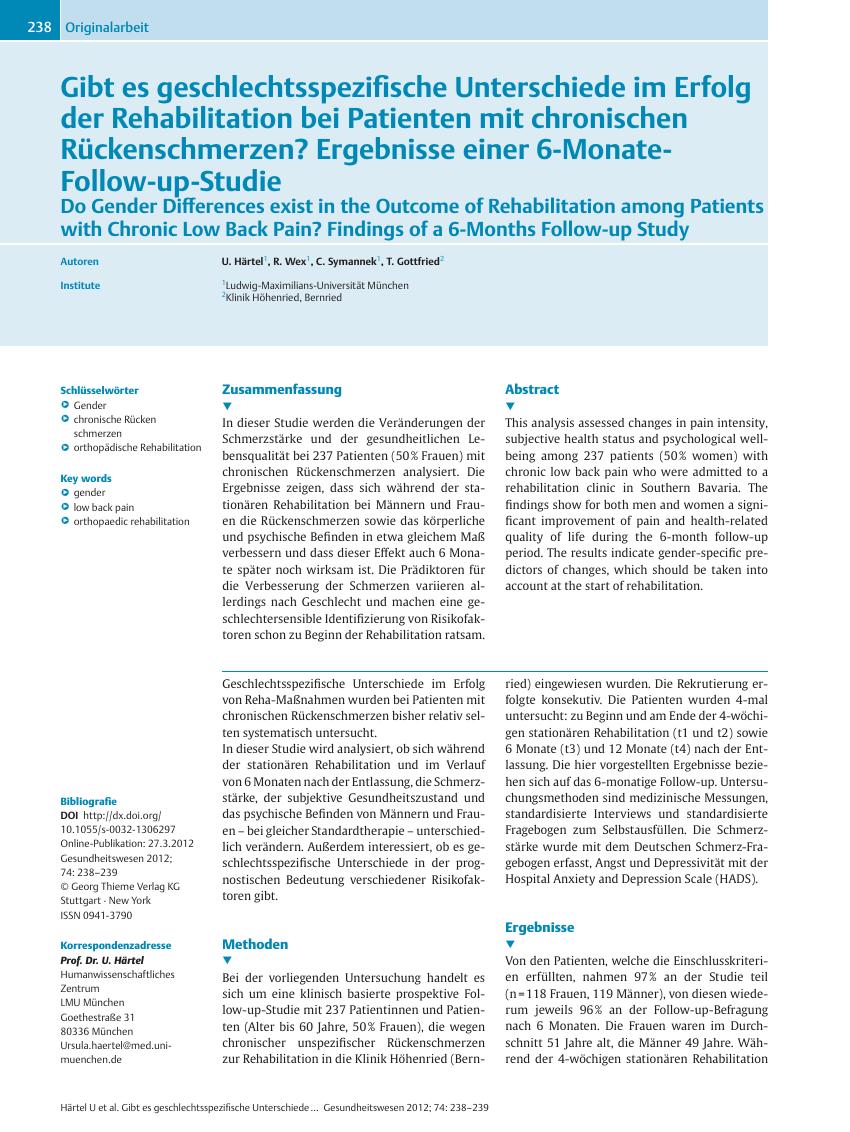 Vorschauseite 1: Gibt es geschlechtsspezifische Unterschiede im Erfolg der Rehabilitation bei Patienten mit chronischen Rückenschmerzen? Ergebnisse einer 6-Monate-Follow-up-Studie