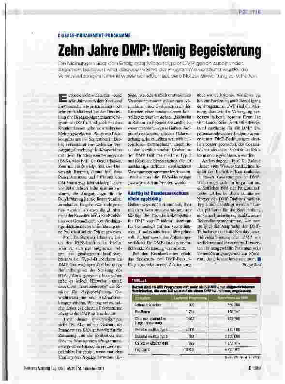 Vorschauseite 1: Zehn Jahre DMP: Wenig Begeisterung