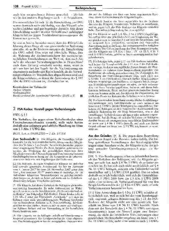 Vorschauseite 1: FSA-Kodex: Verstoß gegen Verbandsregeln UWG § 3 I