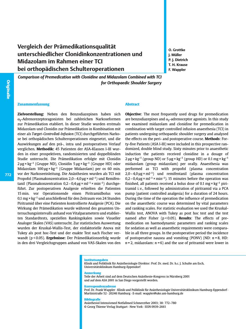 Vorschauseite 1: Vergleich der Prämedikationsqualität unterschiedlicher Clonidinkonzentrationen und Midazolam im Rahmen einer TCI bei orthopädischen Schulteroperationen