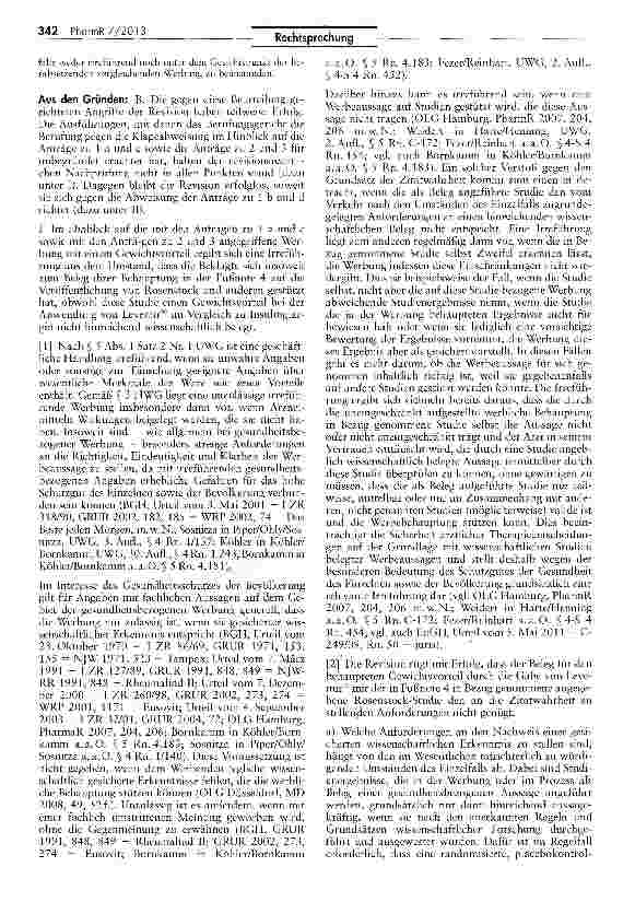 Vorschauseite 4: Merkmal der gesicherten wissenschaftlichen Erkenntnis als Voraussetzung für die Zulässigkeit einer Heilmittelwerbung — Basisinsulin mit Gewichtsvorteil UWG §512 Nr. 1; HWG § 3