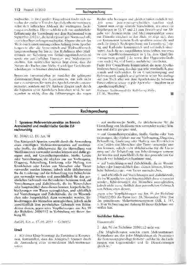 Vorschauseite 1: Spaniens Mehrwertsteuersätze im Bereich Arzneimittel und medizinische Geräte EU-rechtswidrig RL 2006/112, EG Art. 98