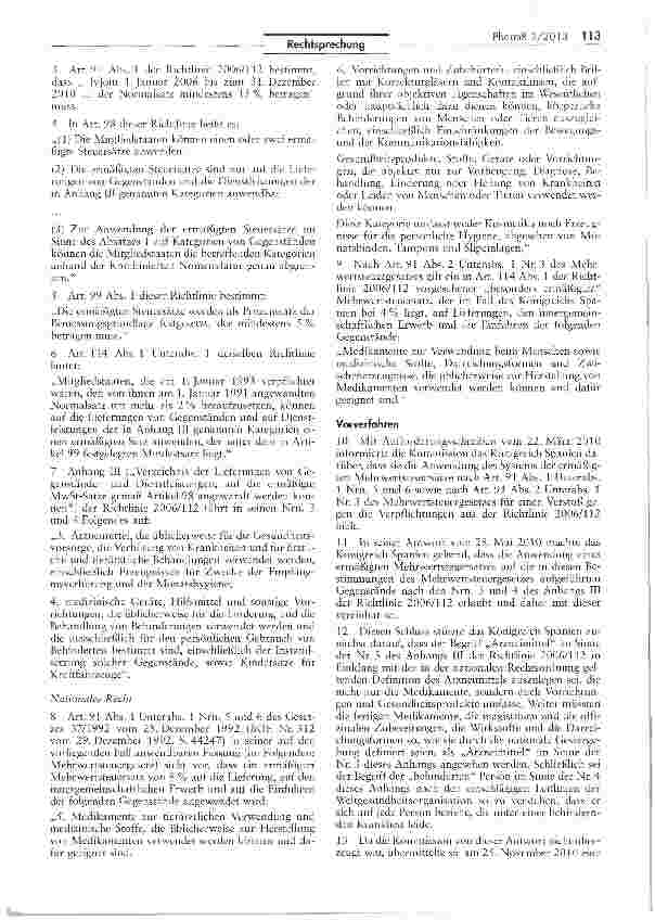 Vorschauseite 2: Spaniens Mehrwertsteuersätze im Bereich Arzneimittel und medizinische Geräte EU-rechtswidrig RL 2006/112, EG Art. 98