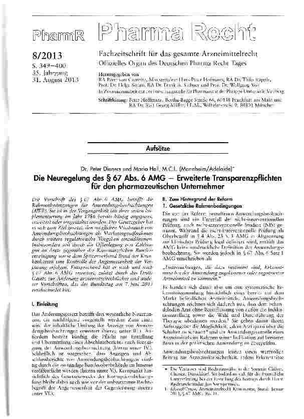 Vorschauseite 1: Die Neuregelung des § 67 Abs. 6 AMG - Erweiterte Transparenzpflichten für den pharmazeutischen Unternehmer