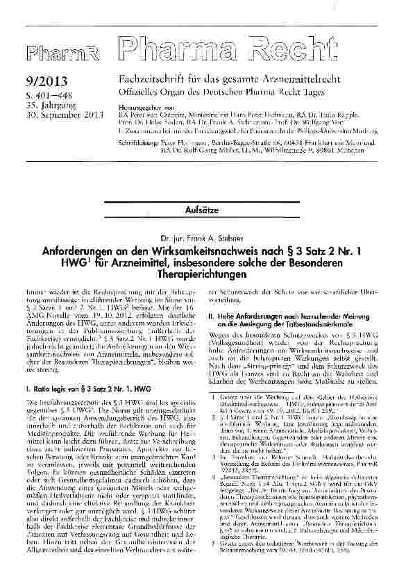 Vorschauseite 1: Anforderungen an den Wirksamkeitsnachweis nach § 3 Satz 2 Nr. 1 HWG1 für Arzneimittel, insbesondere solche der Besonderen Therapierichtungen
