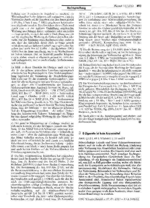 Vorschauseite 1: E-Zigarette ist kein Arzneimittel AMG §S 2 I» 69 I; VTabakG $ 3 I und II