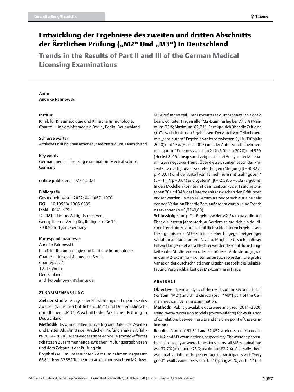 Vorschauseite 1: Entwicklung der Ergebnisse des zweiten und dritten Abschnitts der Ärztlichen Prüfung ("M2" und "M3") in Deutschland