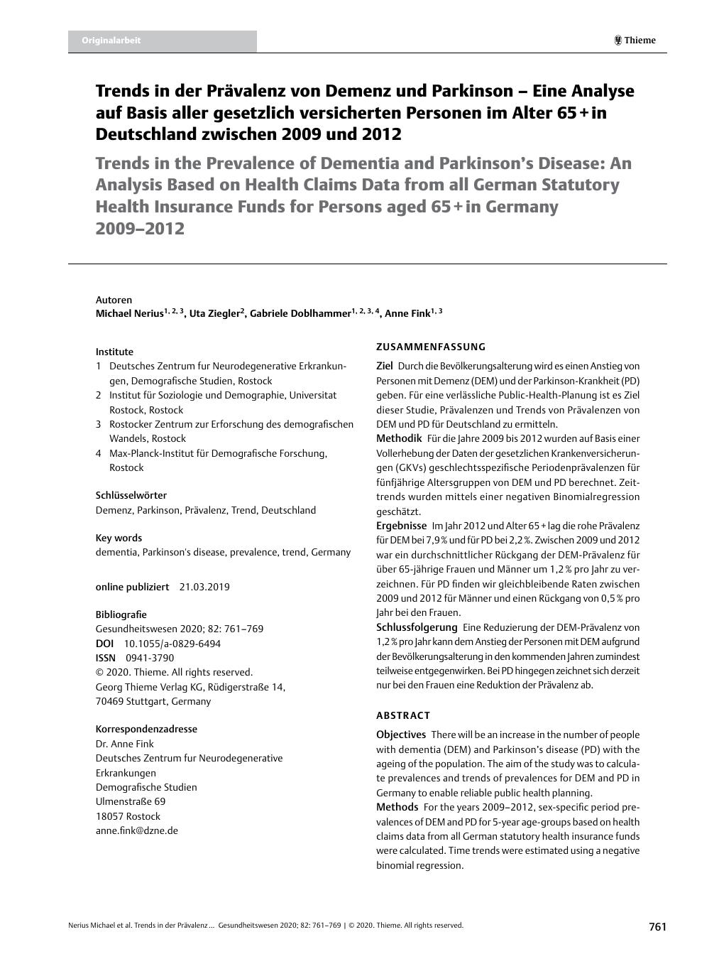 Vorschauseite 1: Trends in der Prävalenz von Demenz und Parkinson – Eine Analyse auf Basis aller gesetzlich versicherten Personen im Alter 65+in Deutschland zwischen 2009 und 2012