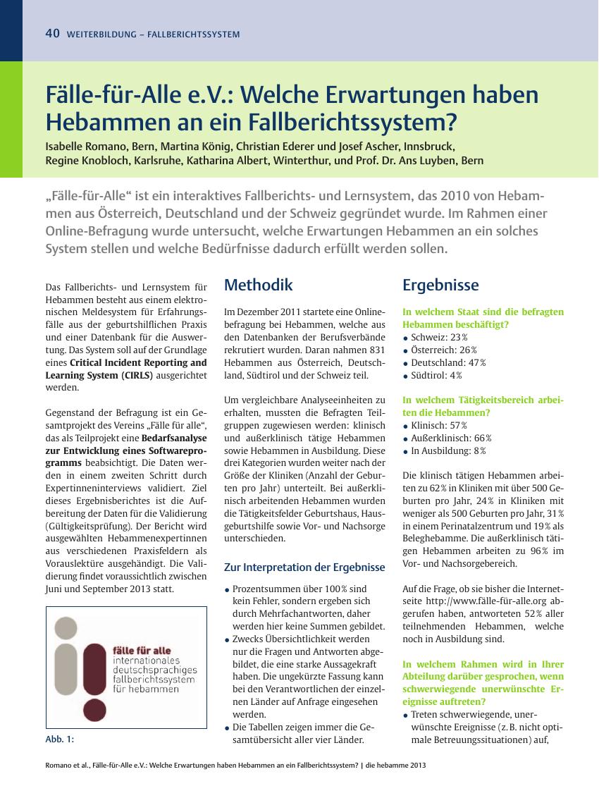 Vorschauseite 1: Fälle-für-Alle e. V. : Welche Erwartungen haben Hebammen an ein Fallberichtssystem?