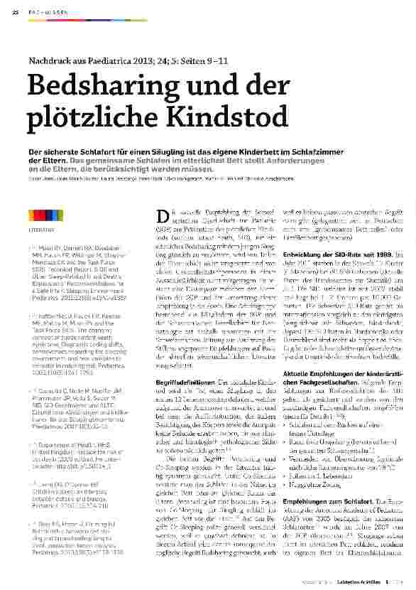 Vorschauseite 1: Bedsharing und der plötzliche Kindstod. Der sicherste Schlafort für einen Säugling ist das eigene Kinderbett im Schlafzimmer der Eltern.