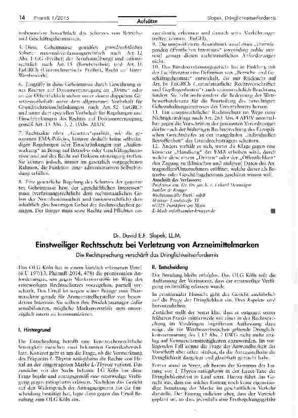 Vorschauseite 1: Einstweiliger Rechtsschutz bei Verletzung von Arzneimittelmarken