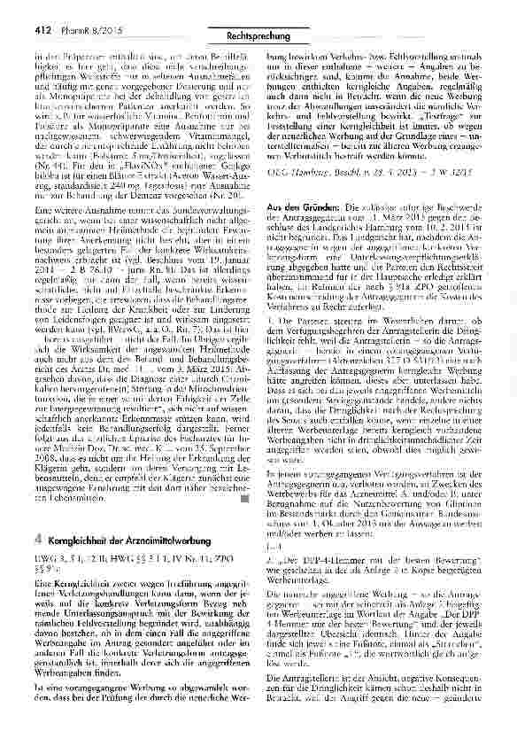 Vorschauseite 1: Kerngleichheit der ArzneimittelwerbungUWG 3, 5 I, 12 II; HWG §§311, IV Nr. 11; ZPO