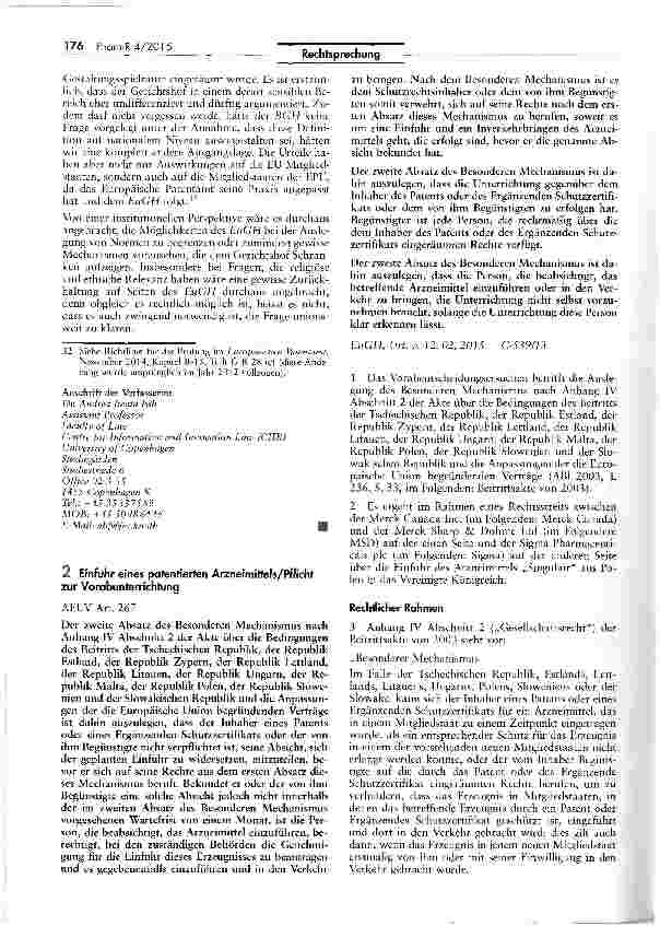 Vorschauseite 1: Einfuhr eines patentierten Arzneimittels/Pflicht zur Vorabunterrichtung