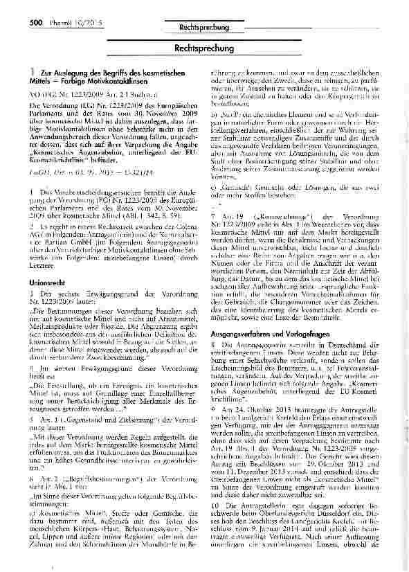 Vorschauseite 1: Zur Auslegung des Begriffs des kosmetischen Mittels - Farbige Motivkontaktlinsen