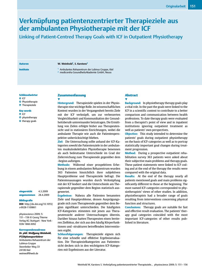 Vorschauseite 1: Verknüpfung patientenzentrierter Therapieziele aus der ambulanten Physiotherapie mit der ICF