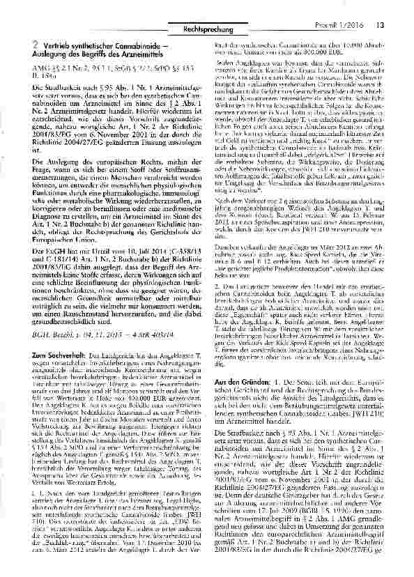 Vorschauseite 1: Vertrieb synthetischer Cannabinoide -Auslegung des Begriffs des Arzneimittels