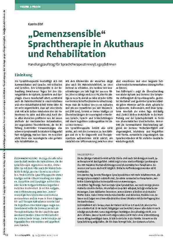 Vorschauseite 1: „Demenzsensible“ Sprachtherapie in Akutund Rehabilitationskliniken