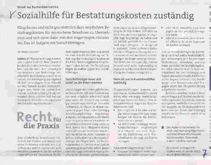 Vorschauseite 1: Sozialhilfe für Bestattungskosten zuständig