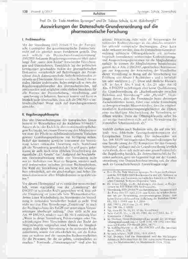 Vorschauseite 1: Auswirkungen der Datenschufz-Grundverordnung auf die pharmazeutische Forschung