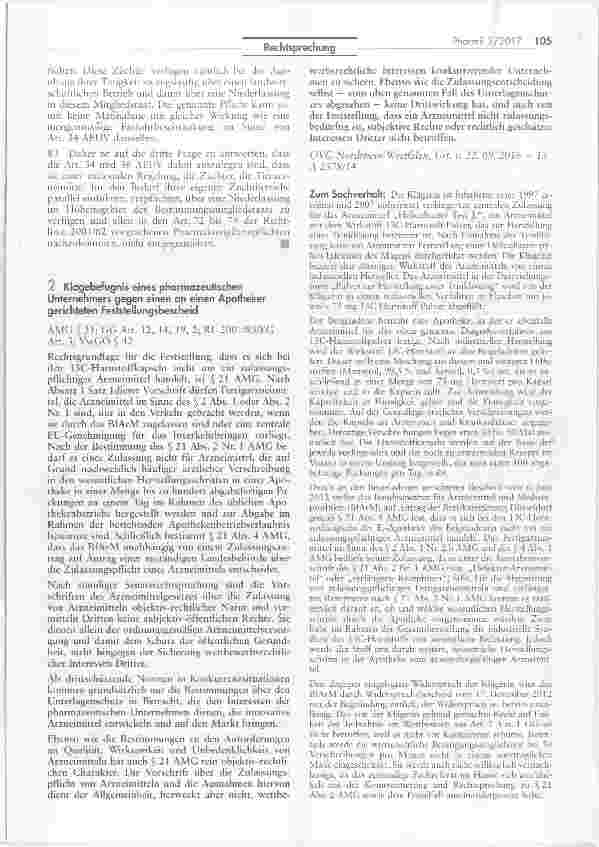 Vorschauseite 1: Klagebefugnis eines pharmazeutischen Unternehmers gegen einen an einen Apotheker gerichteten Feststellungsbescheid