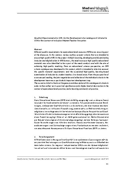 Vorschauseite 2: Qualitätsansprüche an OER: Zur Entwicklung eines Kriterienkatalogs für OER im Kontext von inklusionsbezogener Lehrkräftebildung