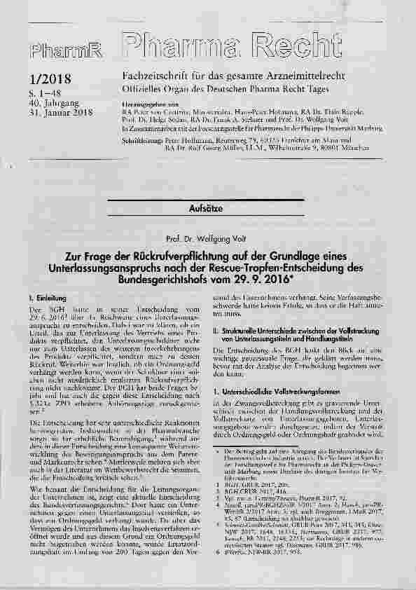 Vorschauseite 1: Zur Frage der Rückrufverpflichtung auf der Grundlage eines Unterlassungsanspruchs nach der Rescue-Tropfen-Entscheidung des Bundesgerichtshofs vom 29. 9. 2016
