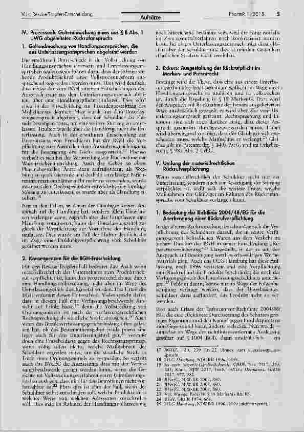 Vorschauseite 5: Zur Frage der Rückrufverpflichtung auf der Grundlage eines Unterlassungsanspruchs nach der Rescue-Tropfen-Entscheidung des Bundesgerichtshofs vom 29. 9. 2016