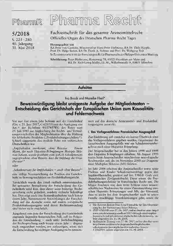 Vorschauseite 1: Beweiswürdigung bleibt ureigenste Aufgabe der Mitgliedstaaten Entscheidung des Gerichtshofs der Europäischen Union zum Kausalitätsund Fehlernachweis