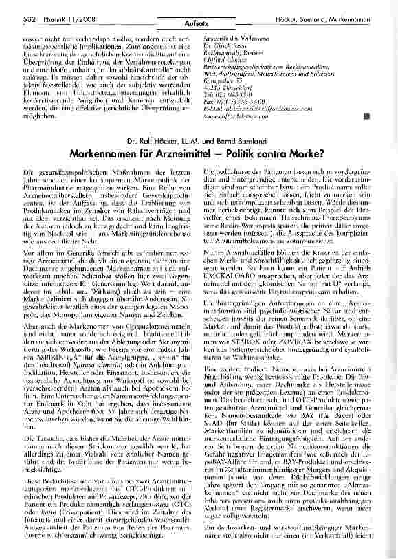 Vorschauseite 1: Markennamen für Arzneimittel — Politik contra Marke?
