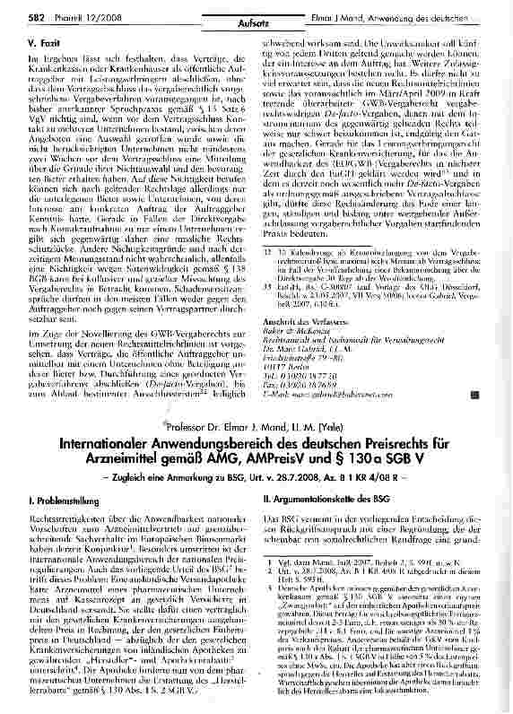 Vorschauseite 1: Internationaler Anwendungsbereich des deutschen Preisrechts für Arzneimittel gemäß AMG, AMPreisV und § 130a SGB V
