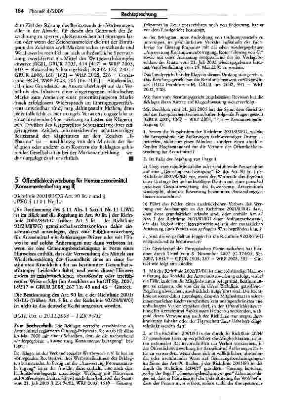 Vorschauseite 1: Öffentlichkeitswerbung für Humanarzneimittel (Konsumentenbefragung II)