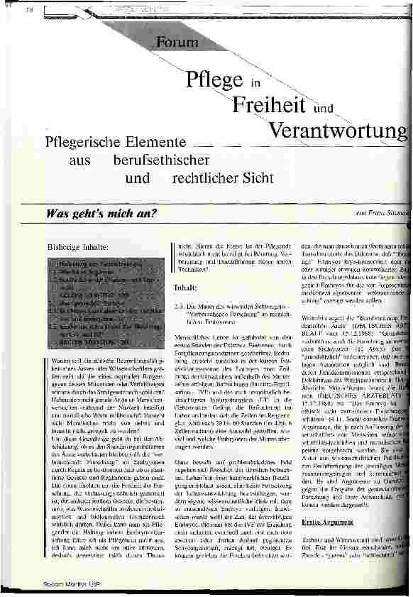 Vorschauseite 1: Forum Pflege in Freiheit und Verantwortung Pflegerische Elemente aus berufsethischer und rechtlicher Sicht