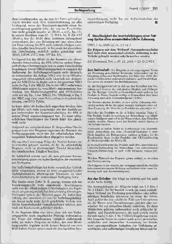 Vorschauseite 1: Unzulässigkeit des Inverkehrbringens einer Feftweg-Spritze ohne arzneimittelrechtliche Zulassung UWG § 3a; AMG §§ 21, 2 I Nr. 2