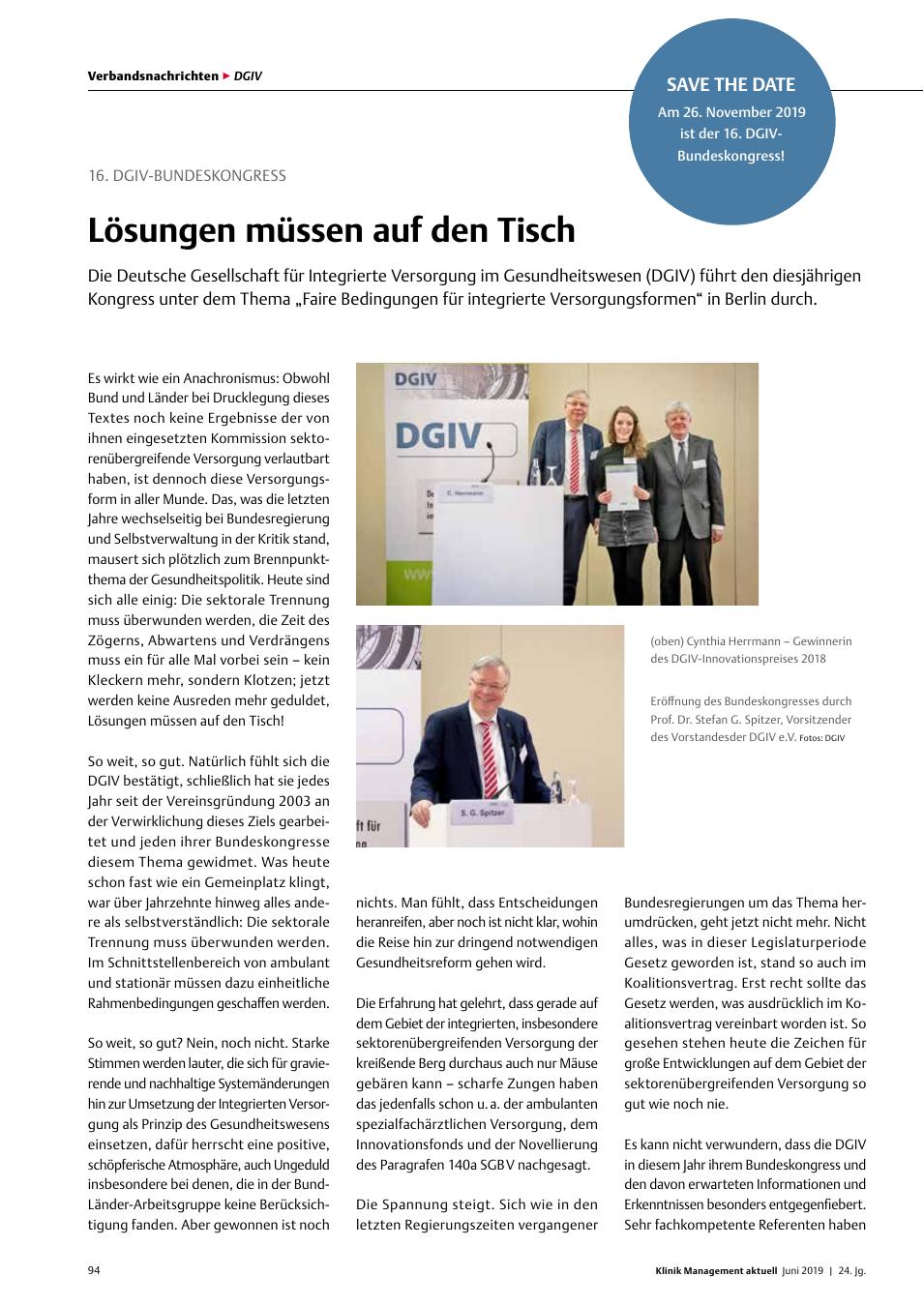 Vorschauseite 1: 16. DGIV-Bundeskongress: Lösungen müssen auf den Tisch