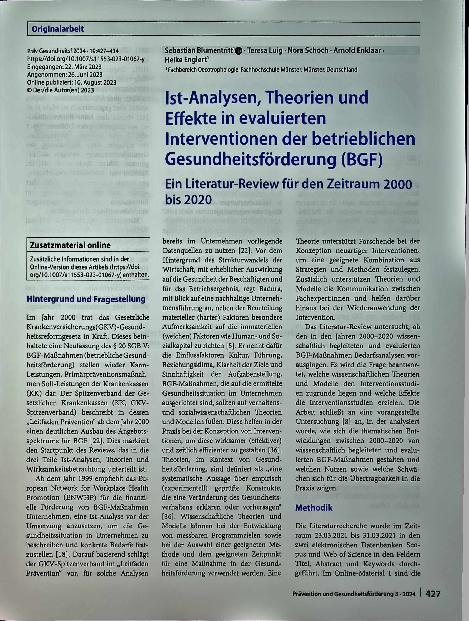 Vorschauseite 1: Ist-Analysen, Theorien und Effekte in evaluierten Interventionen der betrieblichen Gesundheitsförderung (BGF)