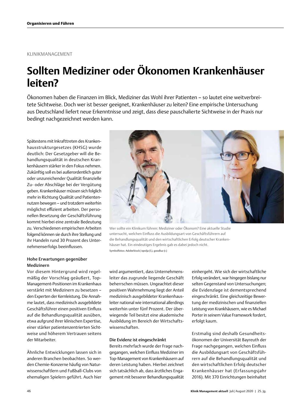 Vorschauseite 1: Klinikmanagement: Sollten Mediziner oder Ökonomen Krankenhäuser leiten?