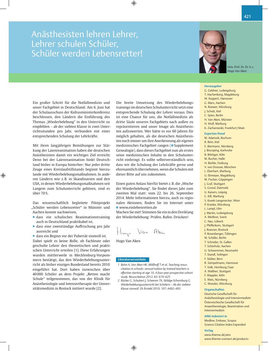 Vorschauseite 1: Anästhesisten lehren Lehrer, Lehrer schulen Schüler, Schüler werden Lebensretter!
