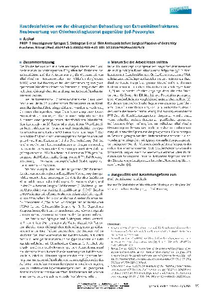 Vorschauseite 1: Hautdesinfektion vor der chirurgischen Behandlung von Extremitätenfrakturen: Neubewertung von Chlorhexidingluconat gegenüber Jod-Povidon-Iod.