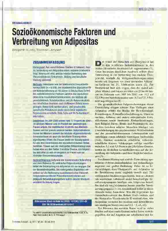 Vorschauseite 1: Sozioökonomische Faktoren und Verbreitung von Adipositas