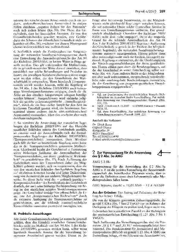 Vorschauseite 1: Zur Voraussetzung für die Anwendung des § 2 Abs. 3a AMG