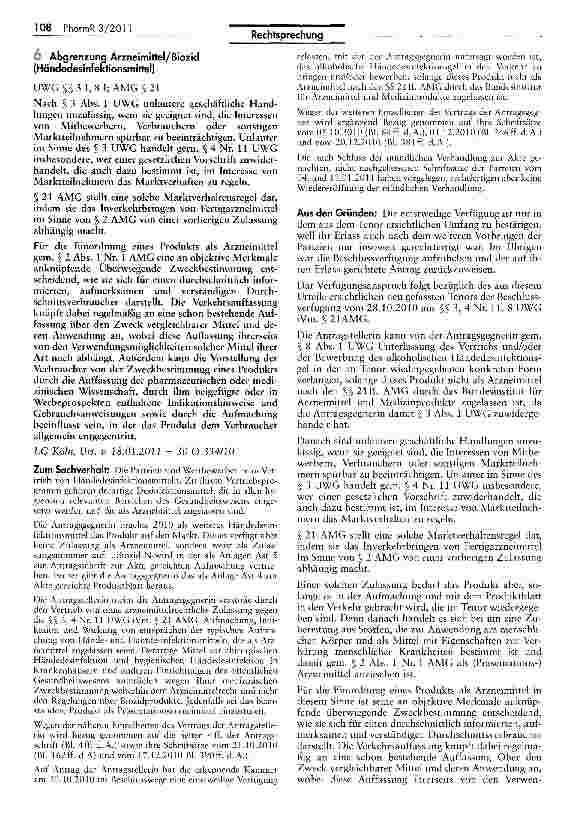 Vorschauseite 1: Abgrenzung Arzneimittel/Biozid (Händedesinfektionsmittel) UWG §§ 3 I, 8 I; AMG §21