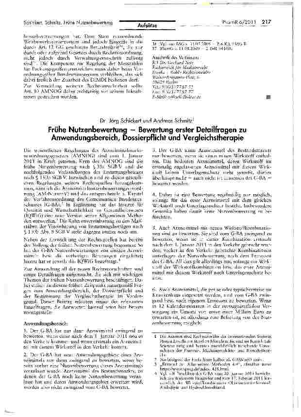 Vorschauseite 1: Frühe Nutzenbewertung — Bewertung erster Detailfragen zu Anwendungsbereich, Dossierpflicht und Vergleichstherapie
