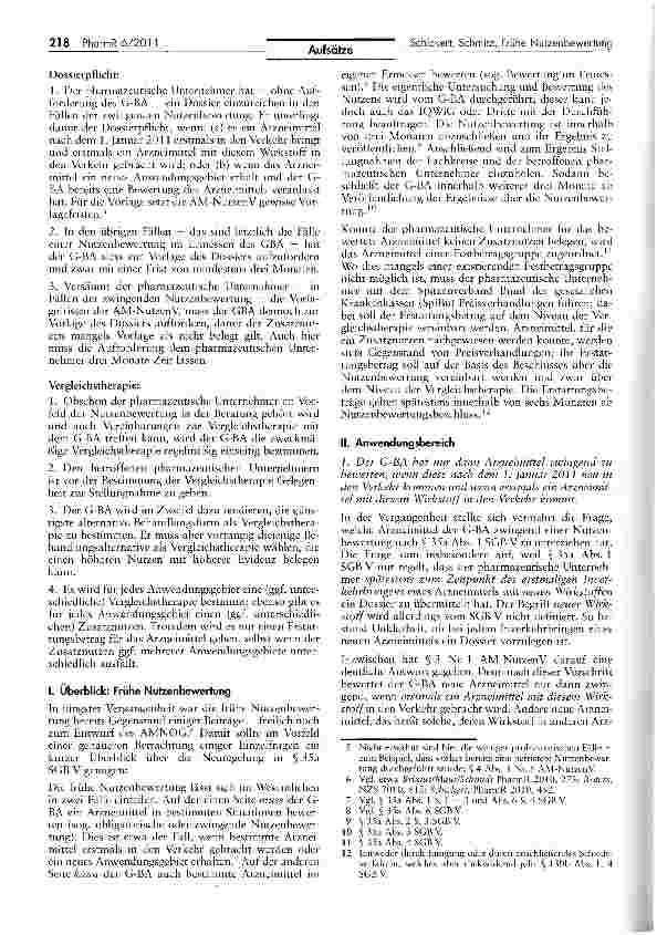 Vorschauseite 2: Frühe Nutzenbewertung — Bewertung erster Detailfragen zu Anwendungsbereich, Dossierpflicht und Vergleichstherapie