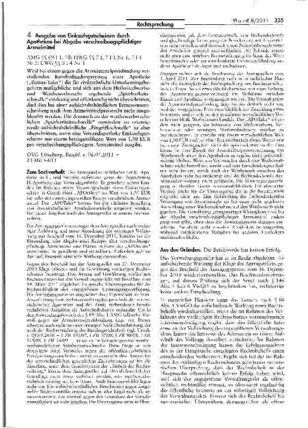 Vorschauseite 1: Ausgabe von Einkaufsgutscheinen durch Apotheken bei Abgabe verschreibungspflichtiger Arzneimittel