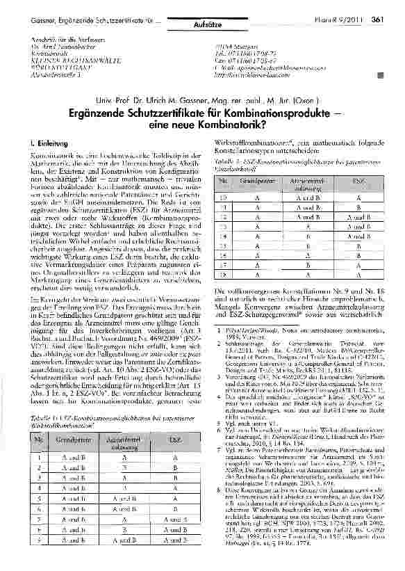 Vorschauseite 1: Ergänzende Schutzzertifikate für Kombinationsprodukte —eine neue Kombinatorik?