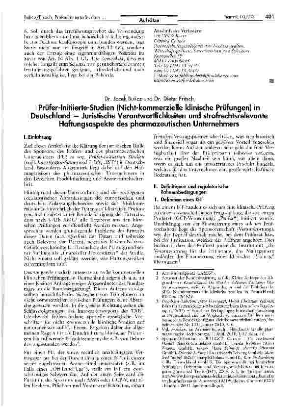 Vorschauseite 1: Prüfer-Initiierte-Studien (Nicht-kommerzielle klinische Prüfungen) in Deutschland — Juristische Verantwortlichkeiten und strafrechtsrelevanteHaftungsaspekte des pharmazeutischen U…