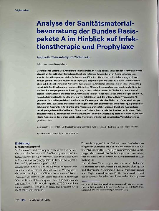 Vorschauseite 1: Analyse der Sanitätsmaterialbevorratung der Bundes Basispakete A im Hinblick auf Infektionstherapie und Prophylaxe.