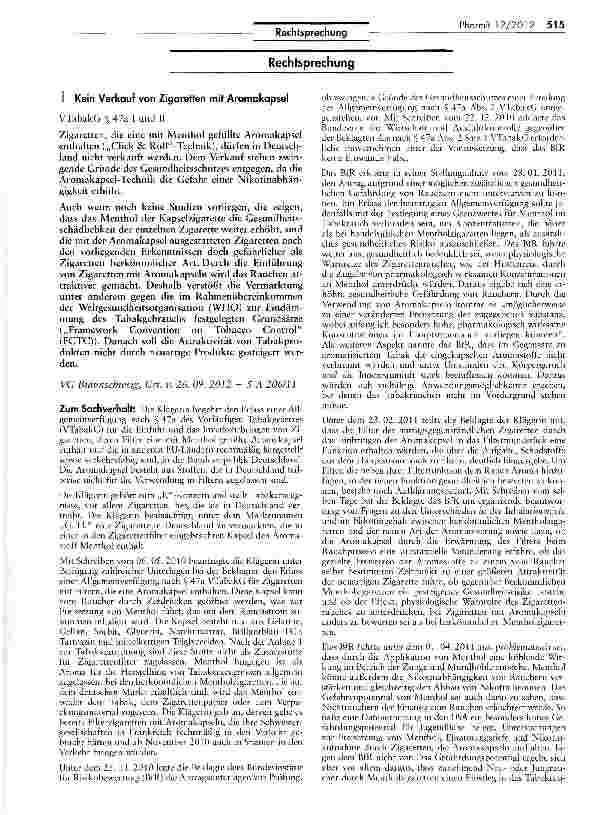 Vorschauseite 1: Kein Verkauf von Zigaretten mit Aromakapsel VTabakG § 47a I und II