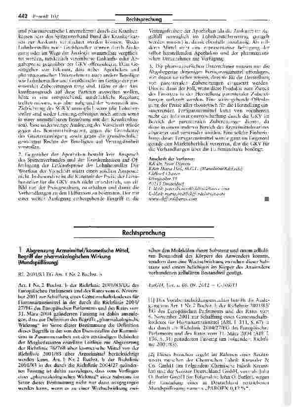Vorschauseite 1: Abgrenzung Arzneimittel/kosmetische Mittel, Begriff der pharmakologischen Wirkung(Mundspüllösung) RL 2001/83 EG Art. 1 Nr. 2 Buchst, b