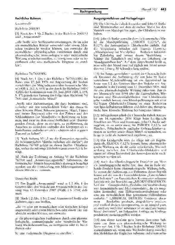 Vorschauseite 2: Abgrenzung Arzneimittel/kosmetische Mittel, Begriff der pharmakologischen Wirkung(Mundspüllösung) RL 2001/83 EG Art. 1 Nr. 2 Buchst, b